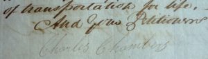 Signature de Charles Chambers sur la pétition demandant que sa sentence de pendaison soit commuée en exil perpétuel.