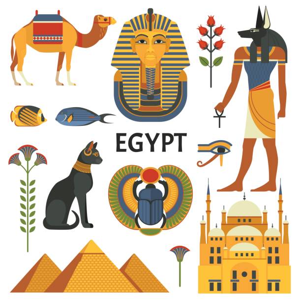 Vector collection of Egyptian culture and nature images, including pyramids, Anubis, Bastet, camel, Tutankhamen, scarab and mosque. Isolated on white.